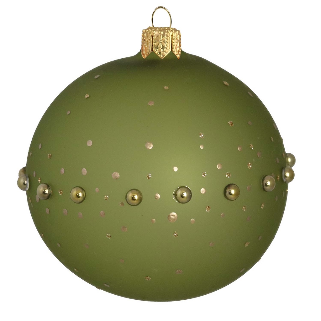 Ornement en verre de couleur vert mat avec décor de perles dorées et de pois