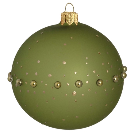 Ornement en verre de couleur vert mat avec décor de perles dorées et de pois