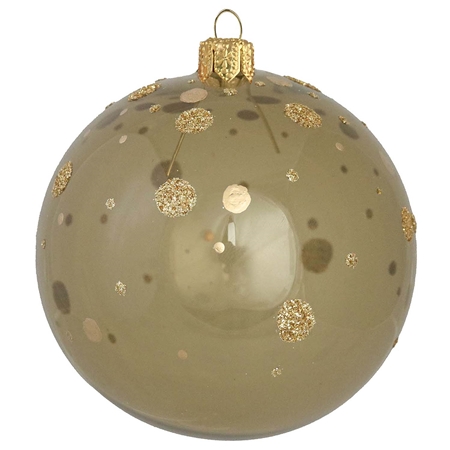 Ornement en verre transparent de couleur vert olive avec décor à pois dorés