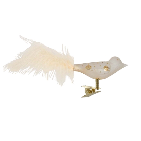 Oiseau en verre crème à pois dorés