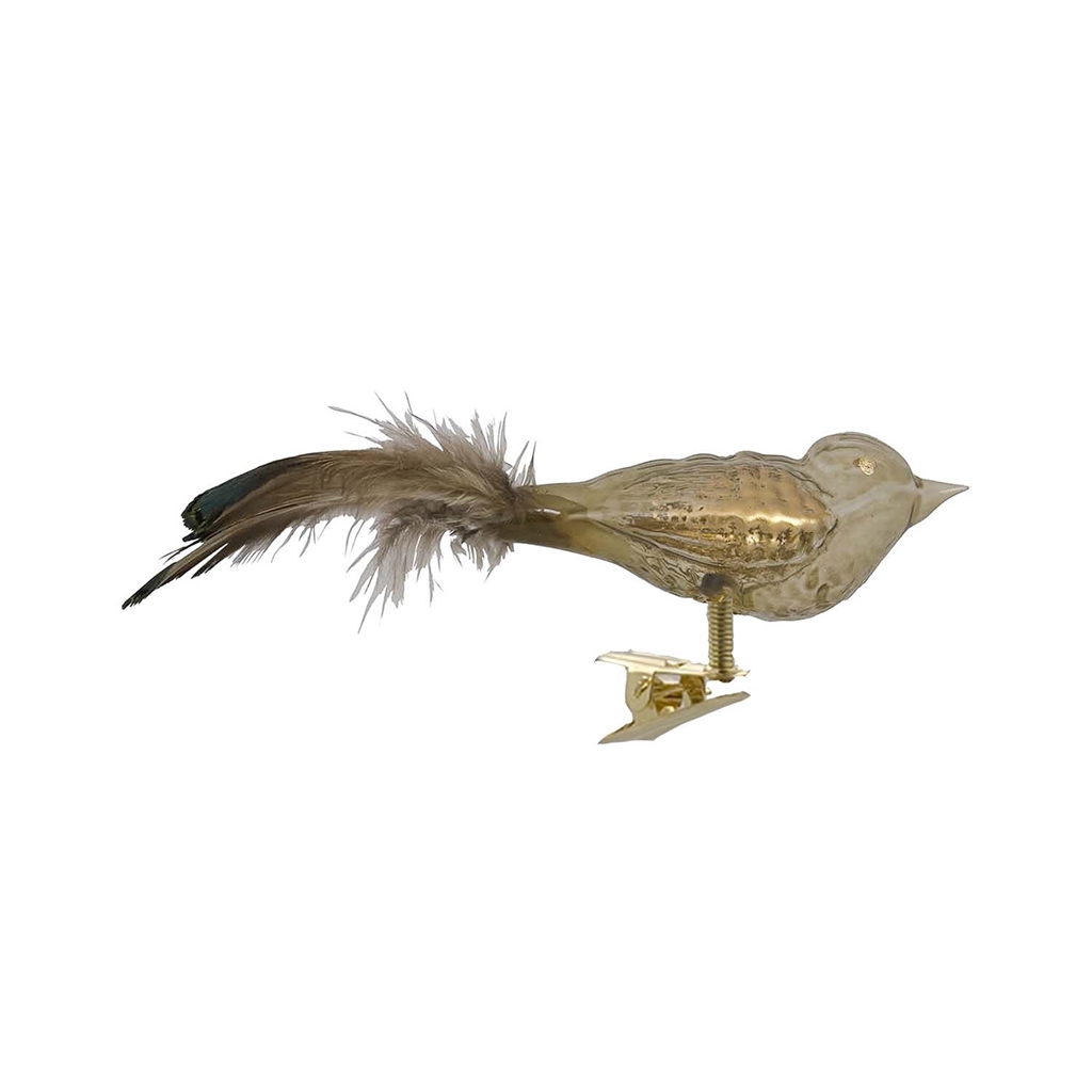 Oiseau en verre vert olive avec passepoil doré