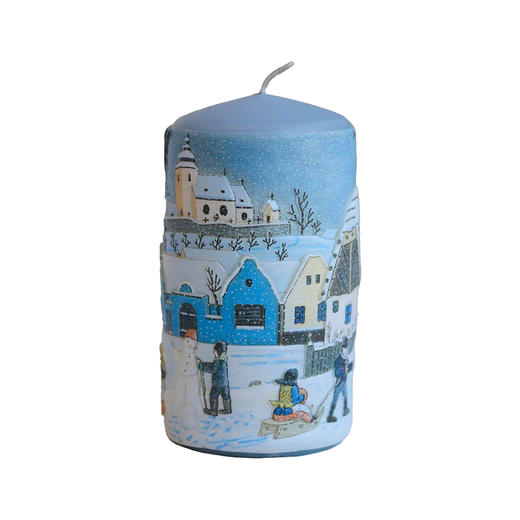 Bougie avec l'illustration « On fait un bonhomme de neige »