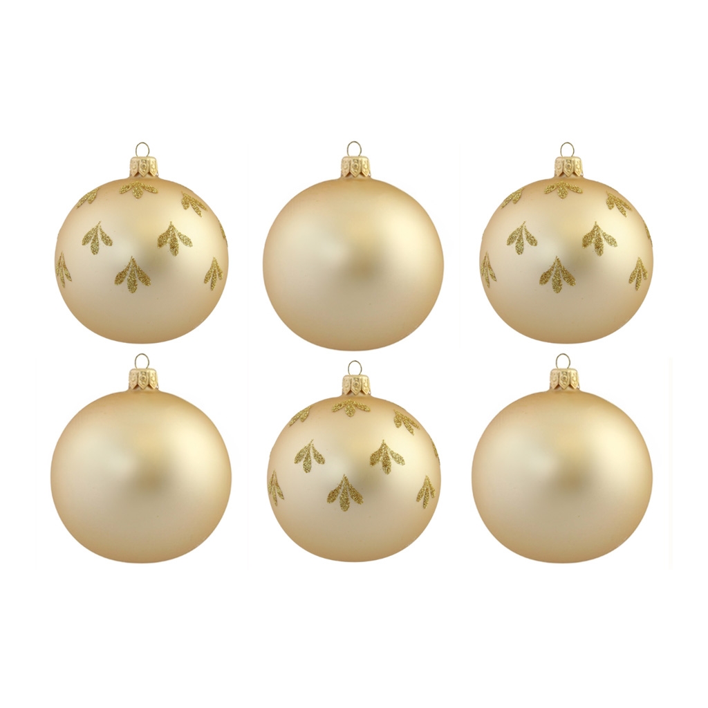Set de six boules de Noël en or avec feuilles dorées