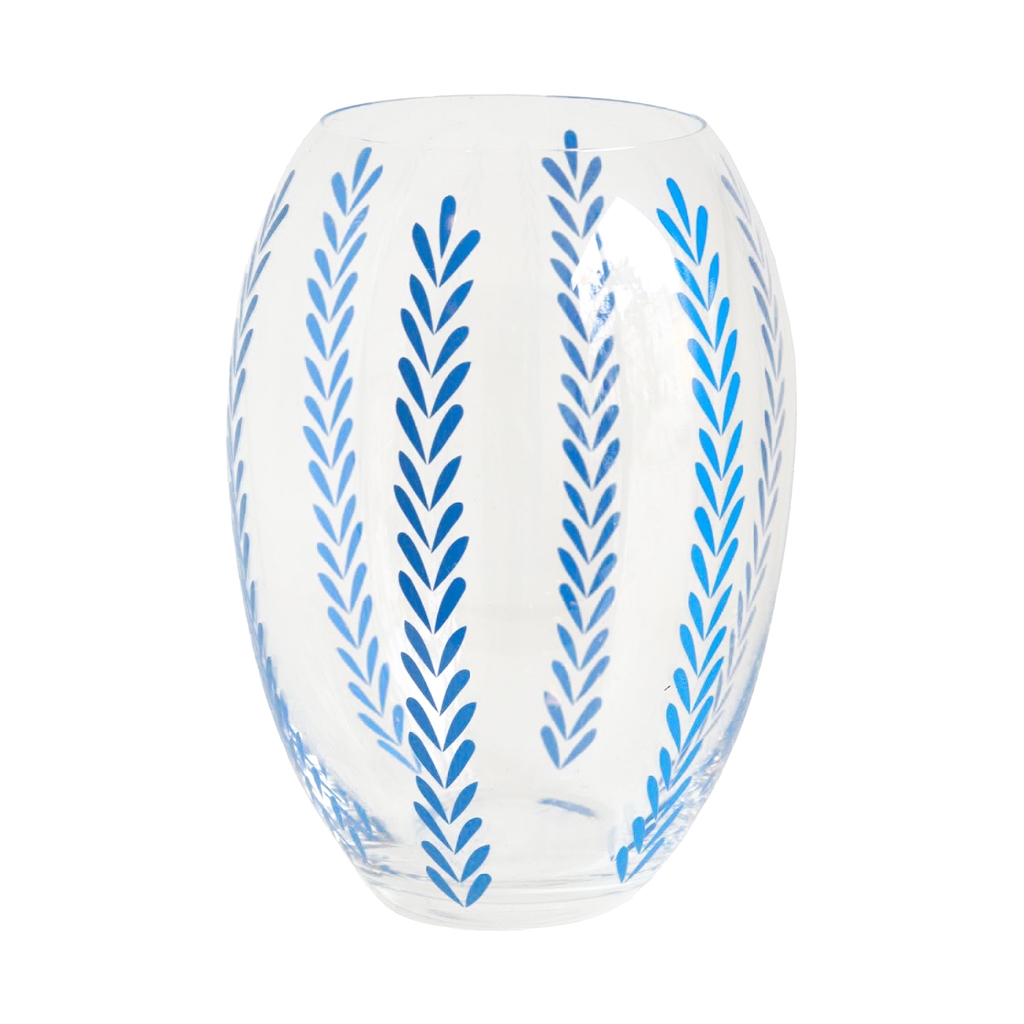 Vase transparent avec décor de feuilles bleues