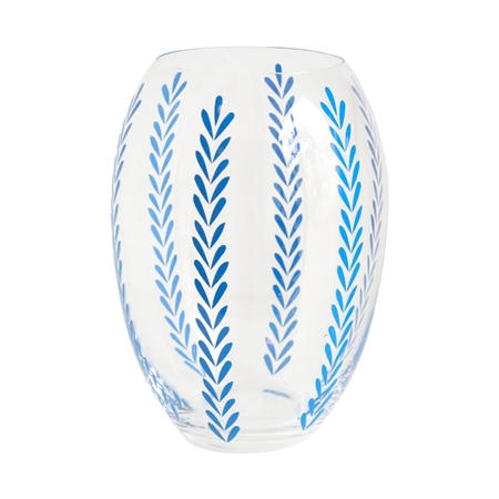 Vase transparent avec décor de feuilles bleues