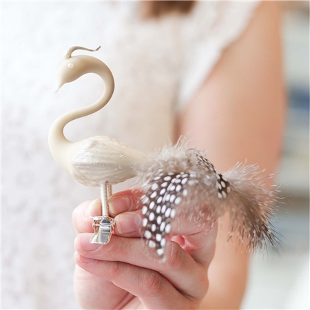  Cygne en verre beige mat avec plumes et queue tachetées
