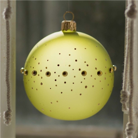 Ornement en verre de couleur vert mat avec décor de perles dorées et de pois